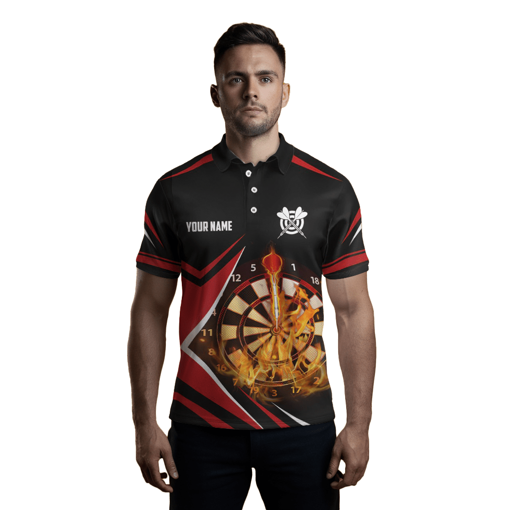 Schwarzes Rotes Herren Darts Polo Shirt | Feuerflammen Design | Dart Trikot L1388 - Outfitsuche