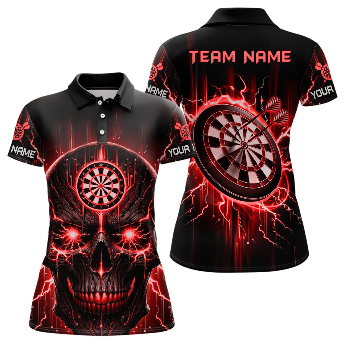 Schwarzes Rotes Totenkopf Damen Darts Polo Shirt | Personalisiertes Gruseliges Darts Shirt für Frauen | Dart Trikots | L1433 - Outfitsuche