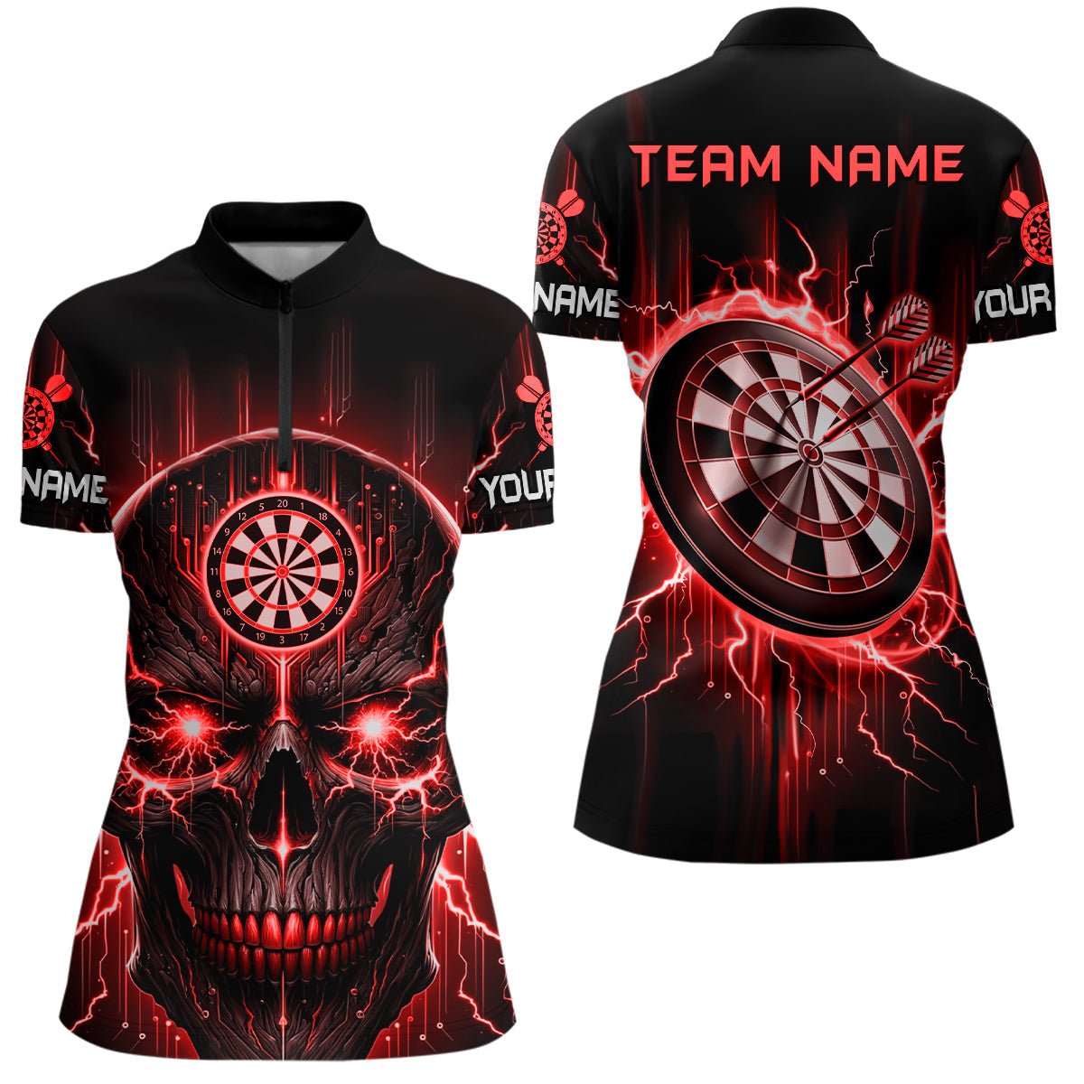 Schwarzes Rotes Totenkopf-Darts Quarter-Zip-Shirt | Personalisiertes Gruseliges Darts-Shirt für Damen | Dart Trikots L1433 - Outfitsuche