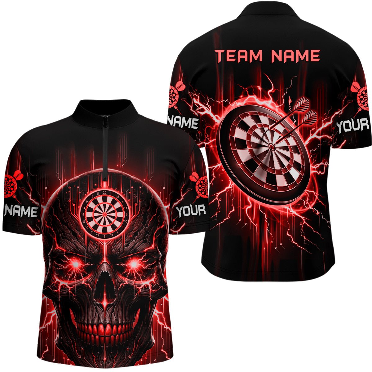 Schwarzes Rotes Totenkopf-Darts-Viertelreißverschluss-Shirt | Personalisiertes Gruseliges Darts-Shirt für Herren | Dart Trikots L1433 - Outfitsuche