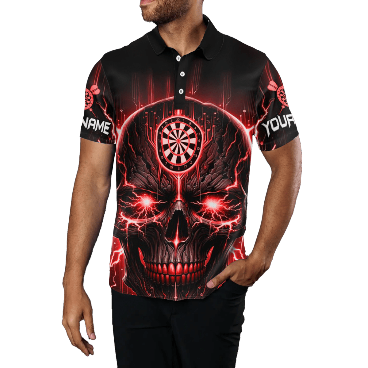 Schwarzes Rotes Totenkopf Herren Darts Polo Shirt | Gruseliges Dart Trikot L1433 - Outfitsuche