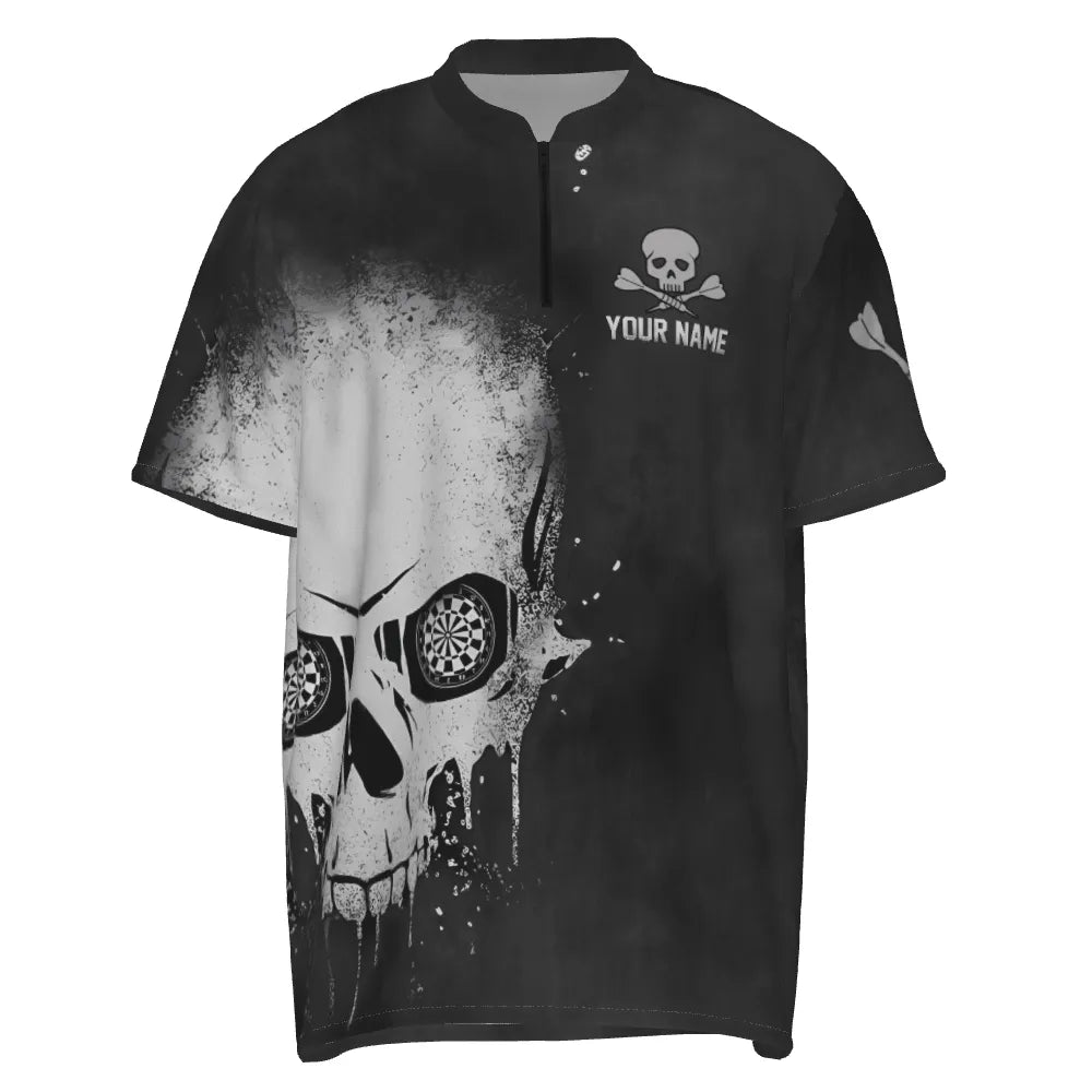 Schwarzes und weißes Dart-Quarter-Zip-Shirt mit Rauch-Schädel-Motiv, individuell anpassbares Herren-Dartshirt, gruselige Darttrikots S589 - Outfitsuche