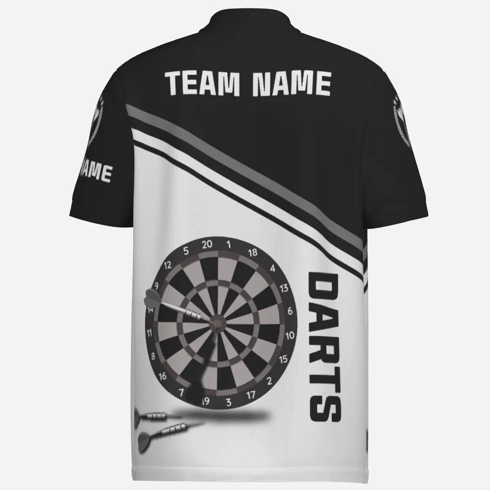 Schwarzes und weißes Herren Darts Polo Shirt mit individuellem Namen, maßgeschneiderte Darts Shirts für Männer Dart Trikot R787 - Outfitsuche