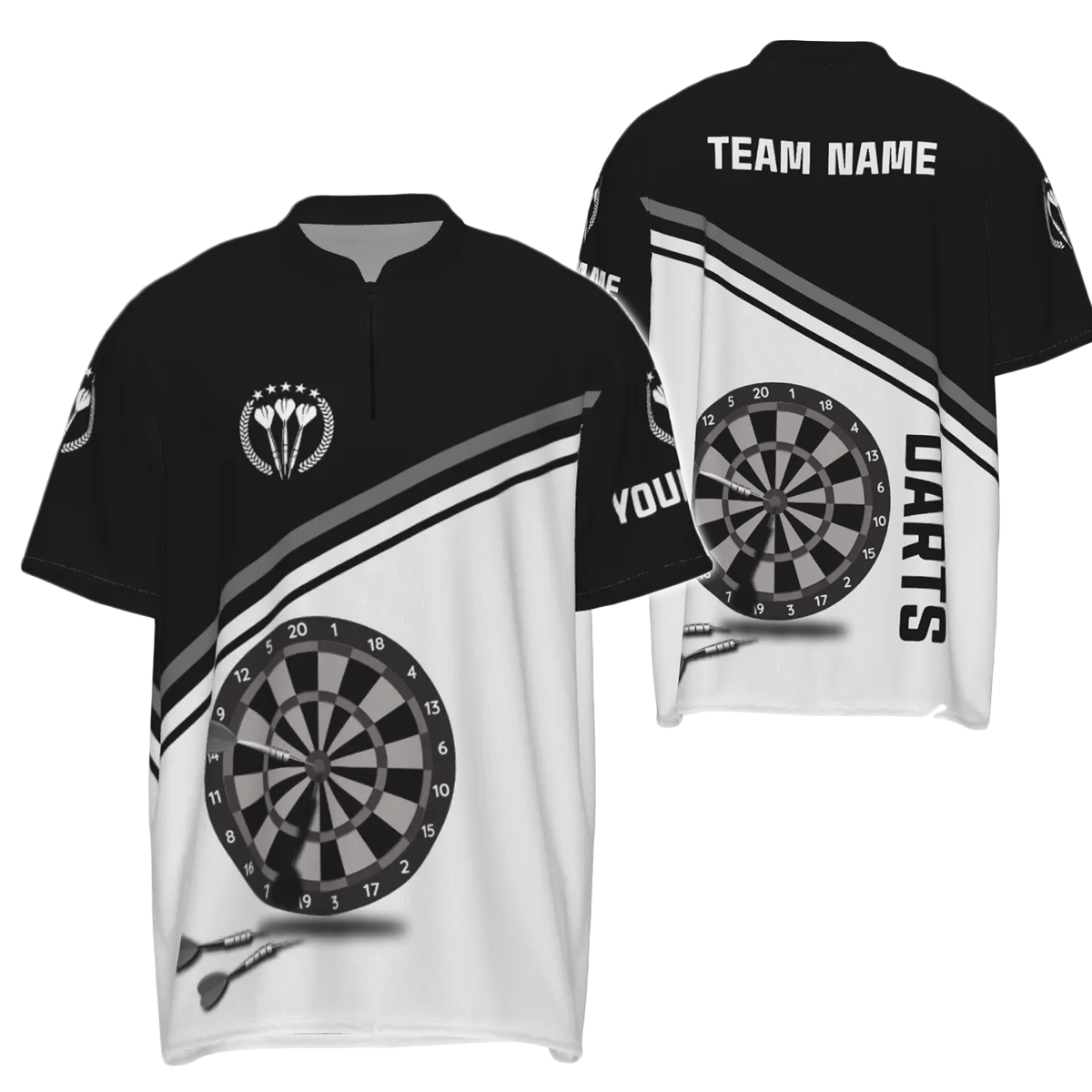 Schwarzes und weißes Herren Darts Polo Shirt mit individuellem Namen, maßgeschneiderte Darts Shirts für Männer Dart Trikot R787 - Outfitsuche