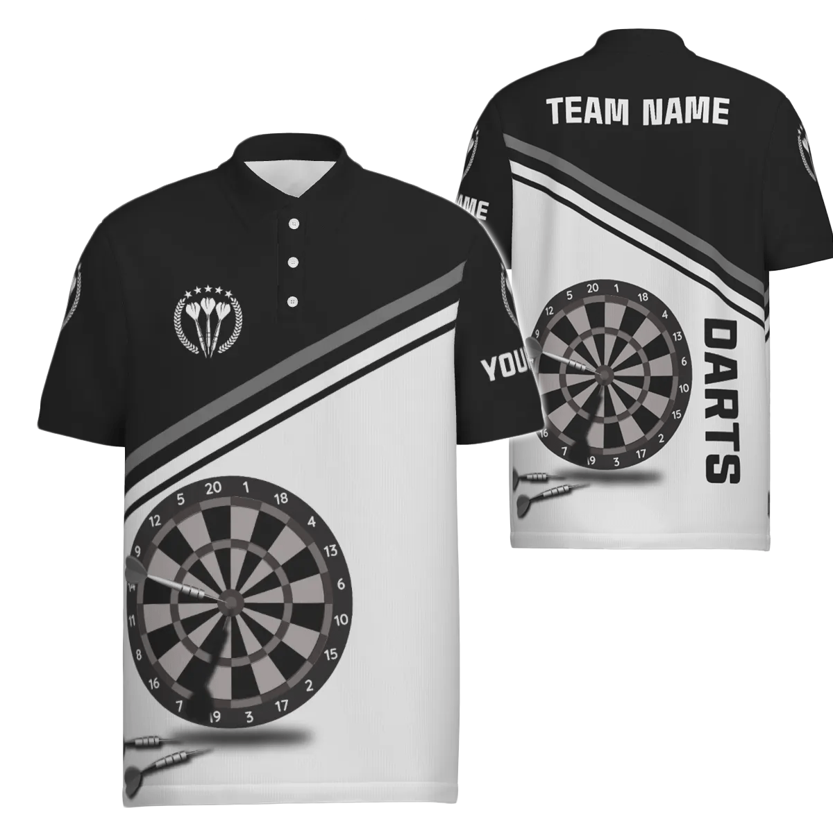 Schwarzes und weißes Herren Darts Polo Shirt mit individuellem Namen, maßgeschneiderte Darts Shirts für Männer Dart Trikot R787 - Outfitsuche