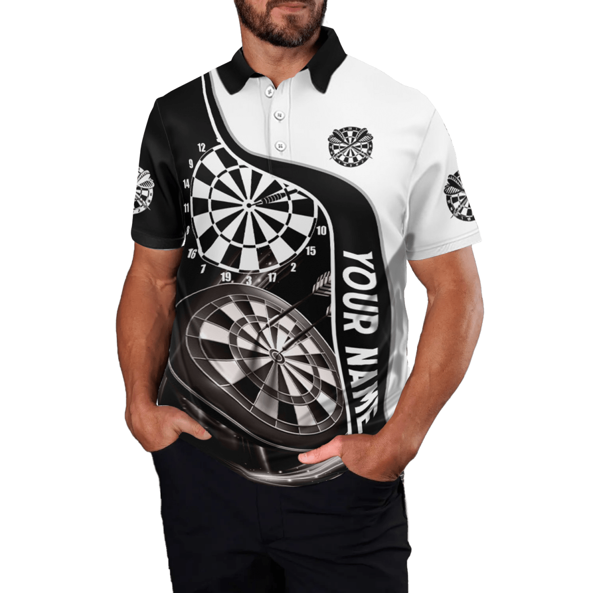 Schwarzes und weißes Herren Darts Polo Shirt mit Namen V470 - Outfitsuche