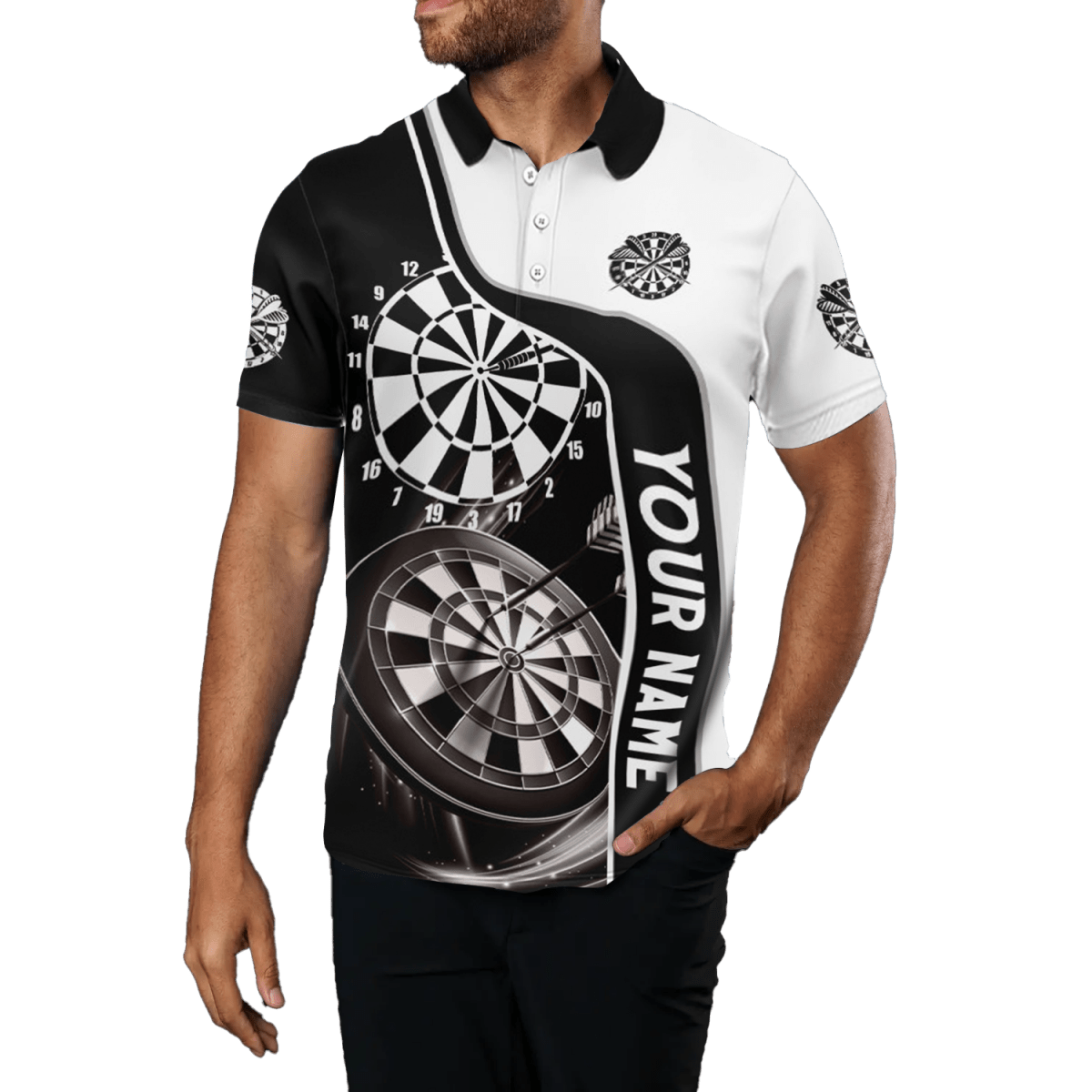 Schwarzes und weißes Herren Darts Polo Shirt mit Namen V470 - Outfitsuche