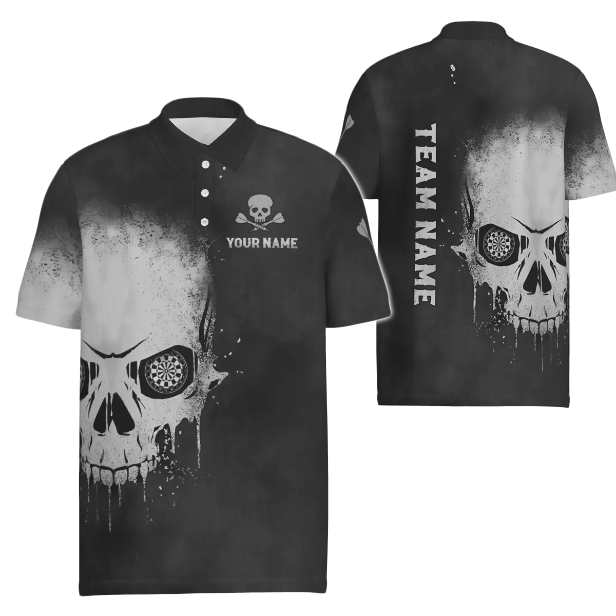 Schwarzes und weißes Herren Darts Polo Shirt mit Rauch Totenkopf-Motiv, individuell anpassbares Dart-Shirt für Männer, gruselige Dart Trikots S589 - Outfitsuche