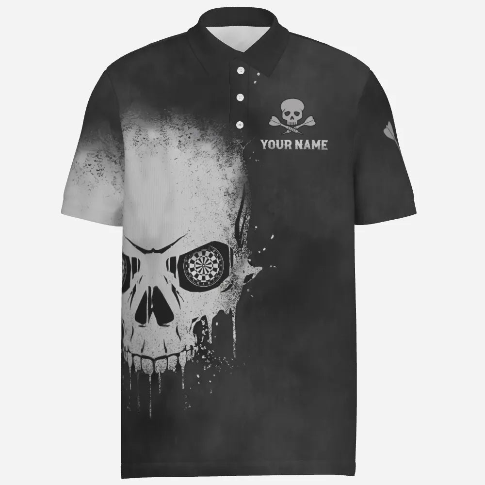 Schwarzes und weißes Herren Darts Polo Shirt mit Rauch Totenkopf-Motiv, individuell anpassbares Dart-Shirt für Männer, gruselige Dart Trikots S589 - Outfitsuche