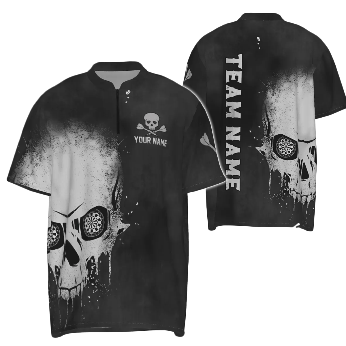 Schwarzes und weißes Herren Darts Polo Shirt mit Rauch Totenkopf-Motiv, individuell anpassbares Dart-Shirt für Männer, gruselige Dart Trikots S589 - Outfitsuche