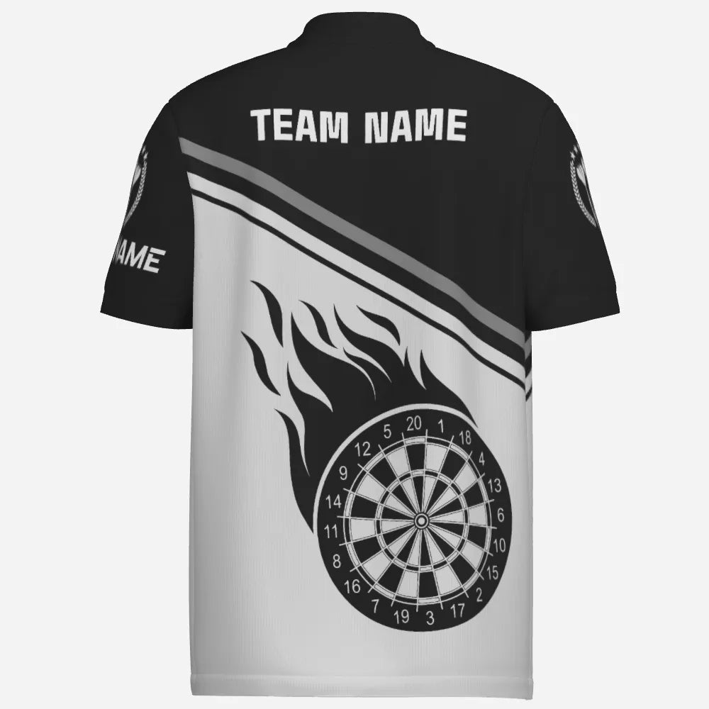 Schwarzes weißes Flammen-Darts-Herren-Polo-Shirt mit Namen, individuelles Darts-Shirt für Männer, Dart-Trikot d0971 - Outfitsuche