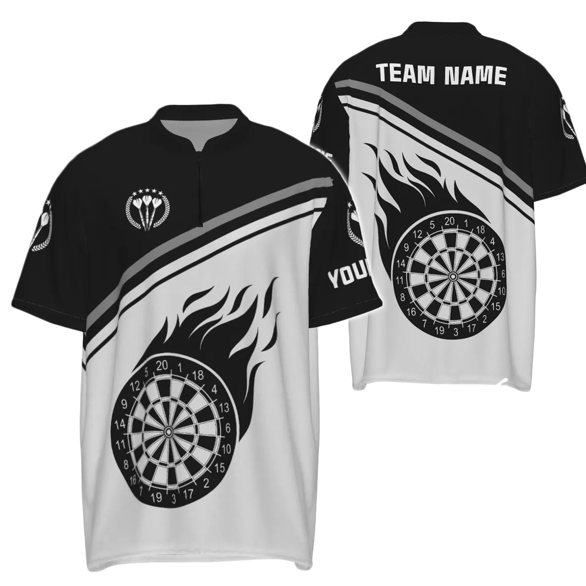 Schwarzes weißes Flammen-Darts-Herren-Polo-Shirt mit Namen, individuelles Darts-Shirt für Männer, Dart-Trikot d0971 - Outfitsuche