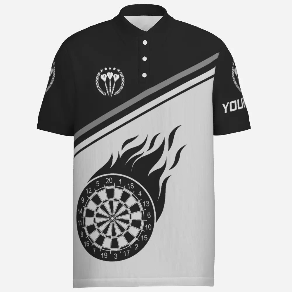 Schwarzes weißes Flammen-Darts-Herren-Polo-Shirt mit Namen, individuelles Darts-Shirt für Männer, Dart-Trikot d0971 - Outfitsuche