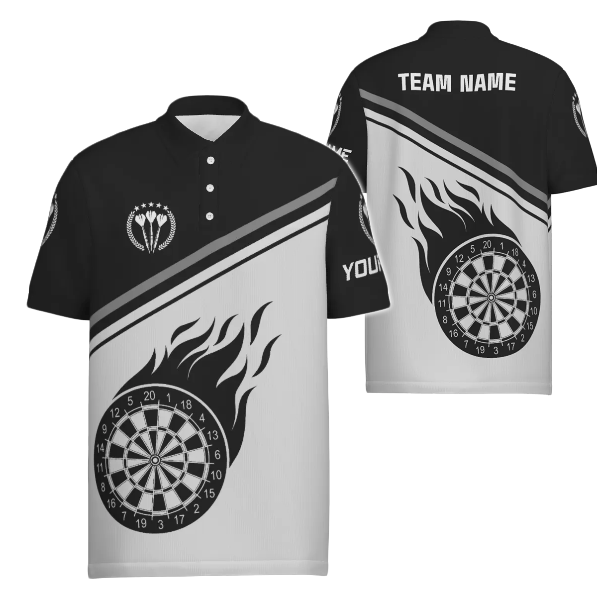 Schwarzes weißes Flammen-Darts-Herren-Polo-Shirt mit Namen, individuelles Darts-Shirt für Männer, Dart-Trikot d0971 - Outfitsuche