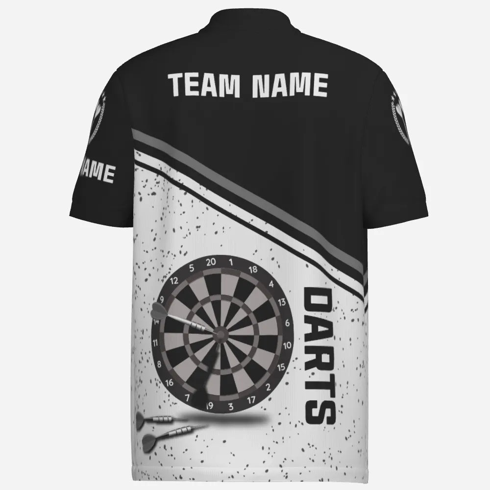 Schwarzes Weißes Grunge Darts Herren Polo Shirt mit Namen, individuell anpassbare Herren Darts Shirts, Dart Trikot R1711 - Outfitsuche