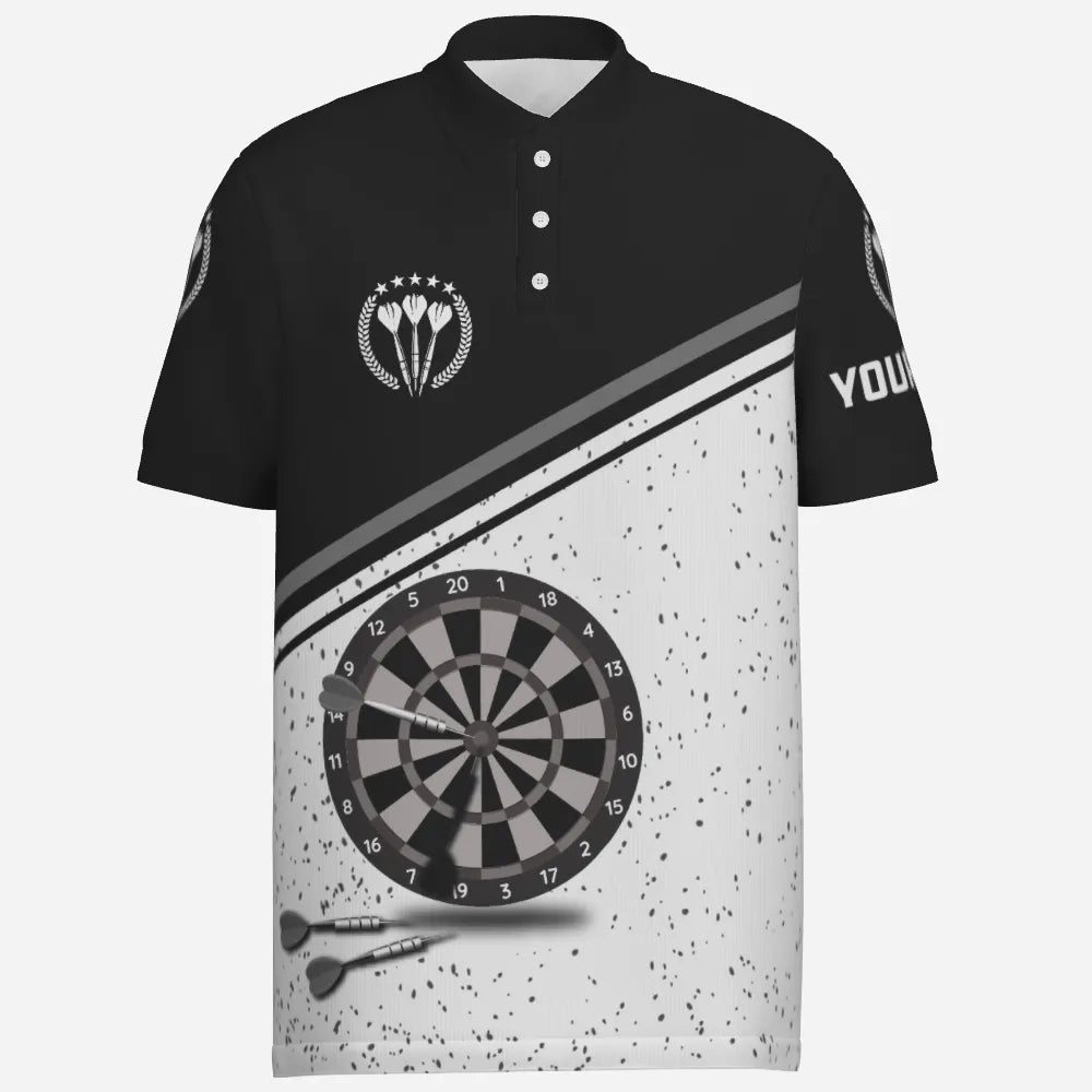 Schwarzes Weißes Grunge Darts Herren Polo Shirt mit Namen, individuell anpassbare Herren Darts Shirts, Dart Trikot R1711 - Outfitsuche