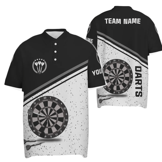 Schwarzes Weißes Grunge Darts Herren Polo Shirt mit Namen, individuell anpassbares Herren Darts Shirt, Dart Trikot R1711 - Outfitsuche