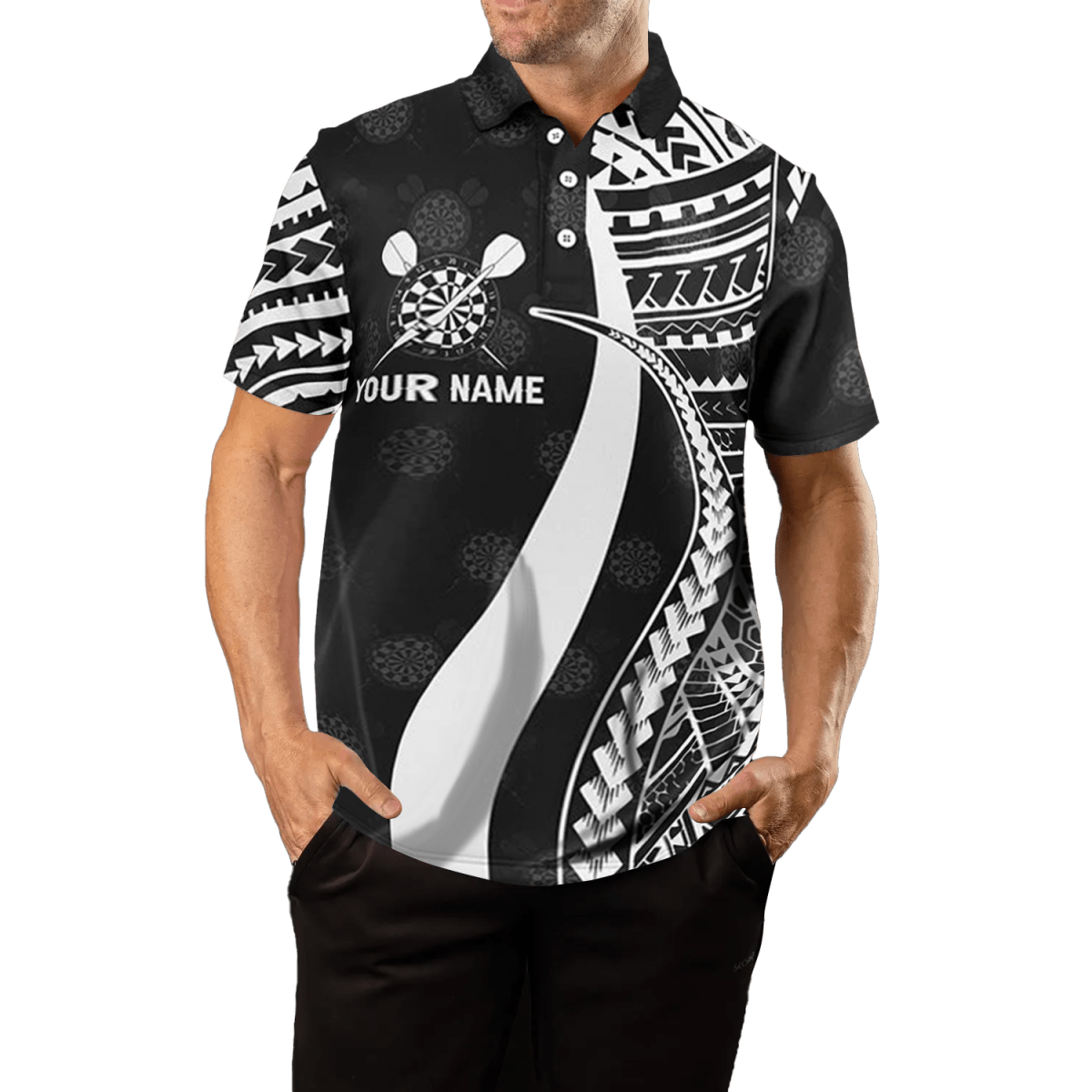 Schwarzes weißes Tribal Herren Darts Polo Shirt Q442 - Outfitsuche