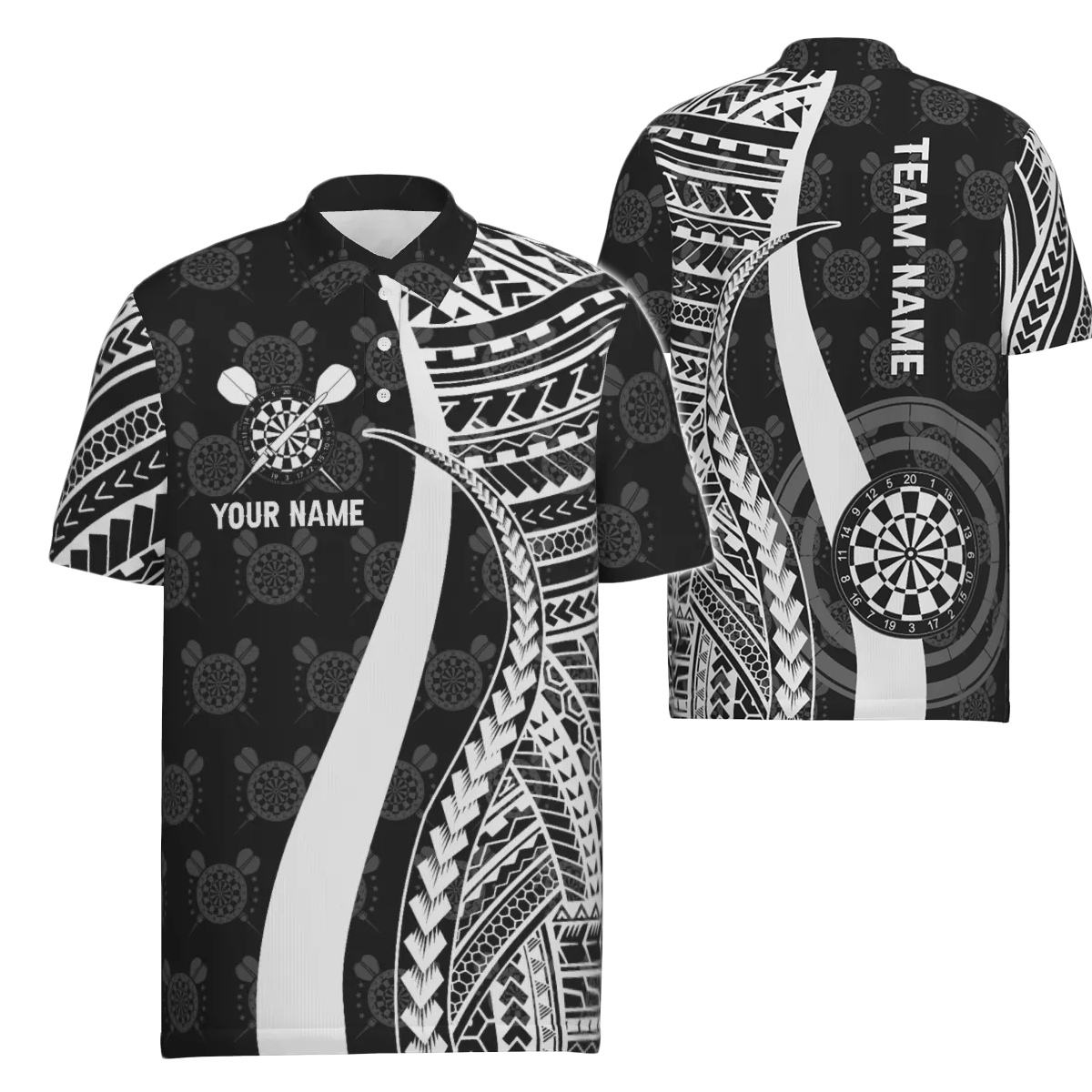 Schwarzes weißes Tribal personalisiertes Herren Darts Polo Shirt, individuell anpassbares cooles Darts Trikot für Männer Q442 - Outfitsuche