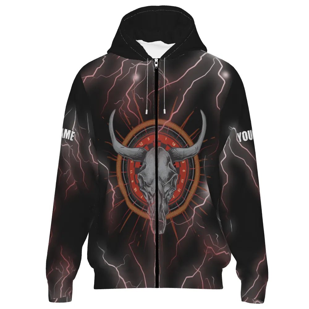 Stylische Darts - Hoodie mit Blitz, Donner und Bullenkopf - Roter Reißverschluss I15 - Outfitsuche