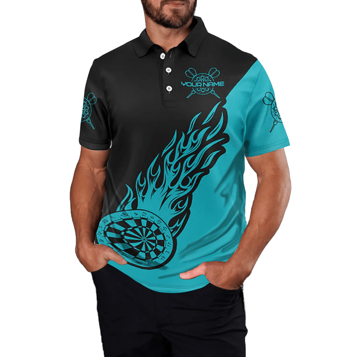 Türkis & Schwarz Flammen Herren Dart Polo Shirt Y690 - Outfitsuche