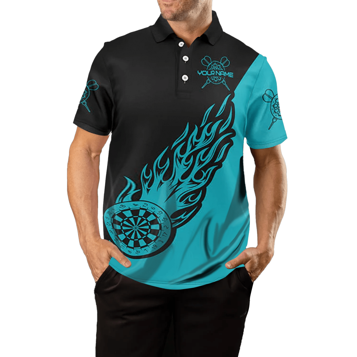 Türkis & Schwarz Flammen Herren Dart Polo Shirt Y690 - Outfitsuche