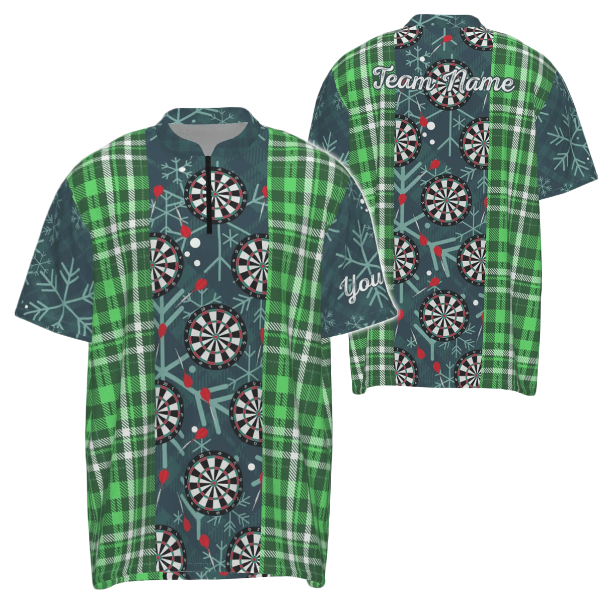 Weihnachts-Darts Flanell-Karo-Muster, grünes 1/4 Zip Shirt, individuell anpassbares Darts-Trikot für Herren LDT0895 V292 - Outfitsuche