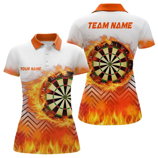 Weißes Orange Feuer Flamme Damen Darts Polo Shirt | Personalisiertes Darts Shirt für Frauen | Dart Trikot | L1459 - Outfitsuche