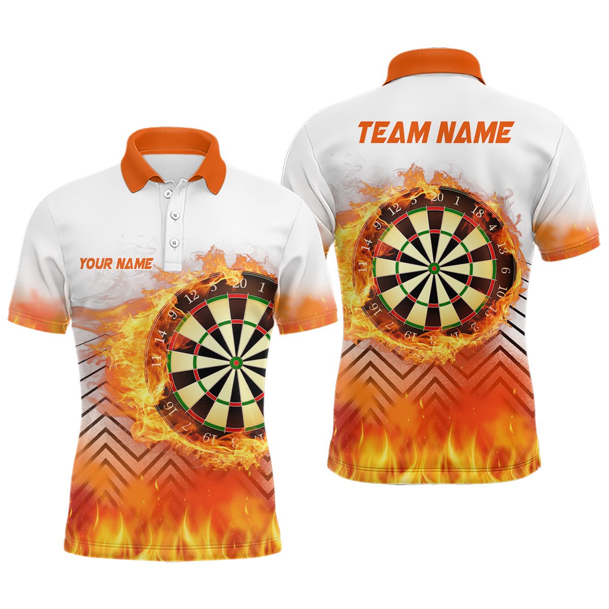 Weißes Orange Feuer Flamme Herren Darts Polo Shirt | Personalisiertes Darts Shirt für Männer | Dart Trikots L1459 - Outfitsuche