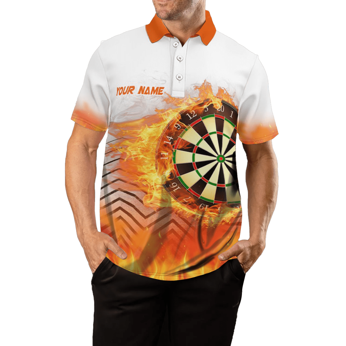 Weißes Orange Herren Darts Polo Shirt | Feuer Flamme Design | Dart Trikot L1459 - Outfitsuche