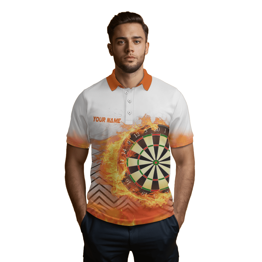 Weißes Orange Herren Darts Polo Shirt | Feuer Flamme Design | Dart Trikot L1459 - Outfitsuche