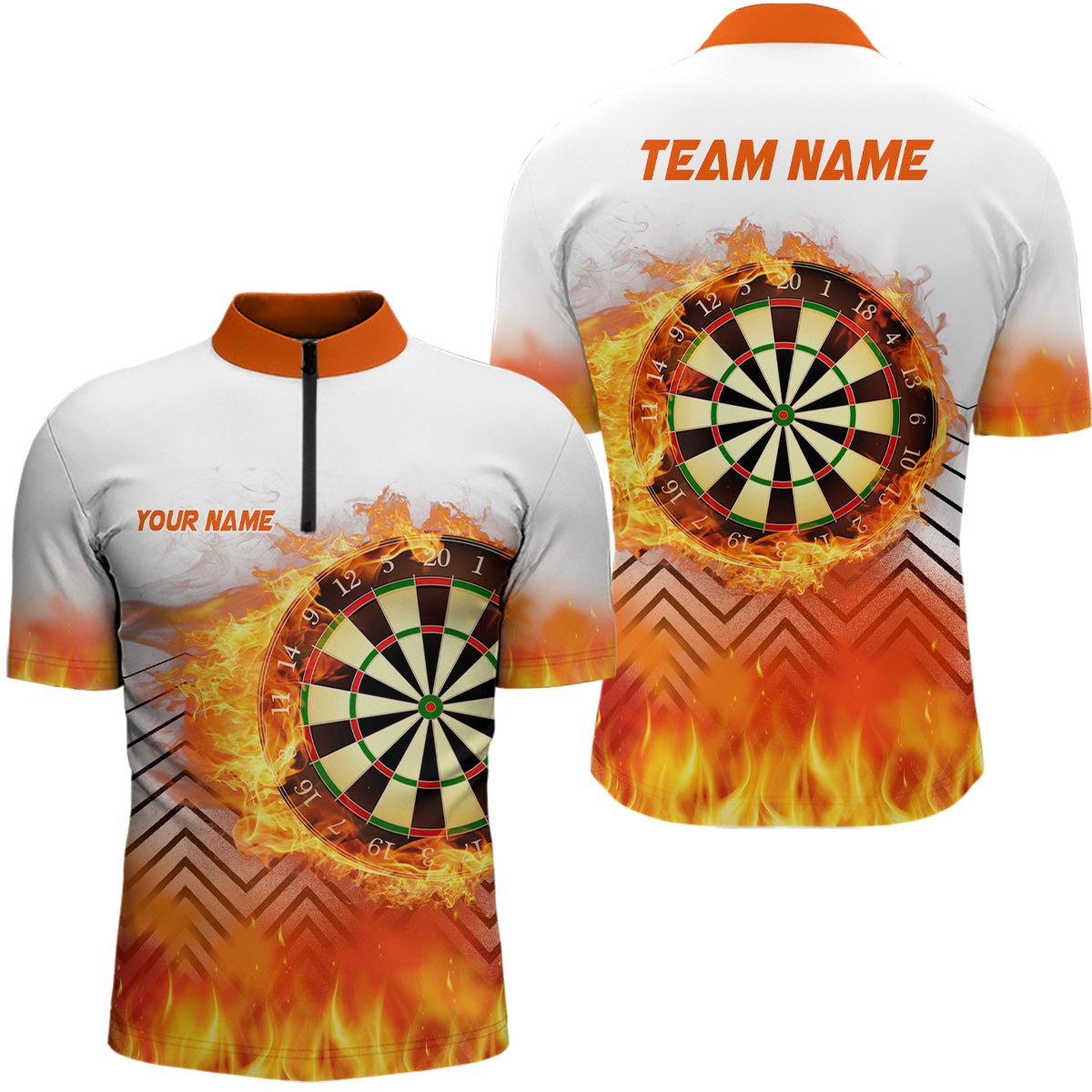 Weißes Oranges Feuerflammen-Darts-Quarter-Zip-Shirt | Personalisiertes Darts-Shirt für Herren | Dart-Trikots | L1459 - Outfitsuche