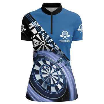 Blau bedrucktes Dart-Quarter-Zip-Shirt mit individuellem Namen, maßgeschneiderte Dartshirts für Frauen, Darttrikot A710 - Outfitsuche