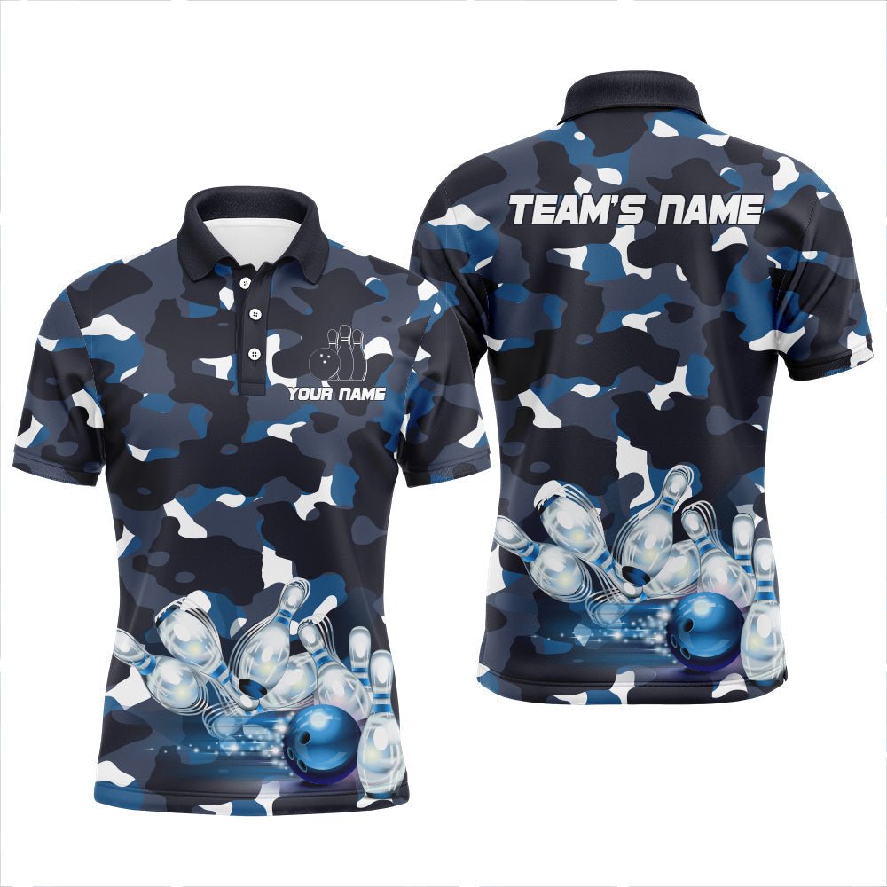 Blau Camo Bowling Herren Polo Shirt, individuell anpassbares Team Name Kurzarm Bowlers Trikot - Outfitsuche