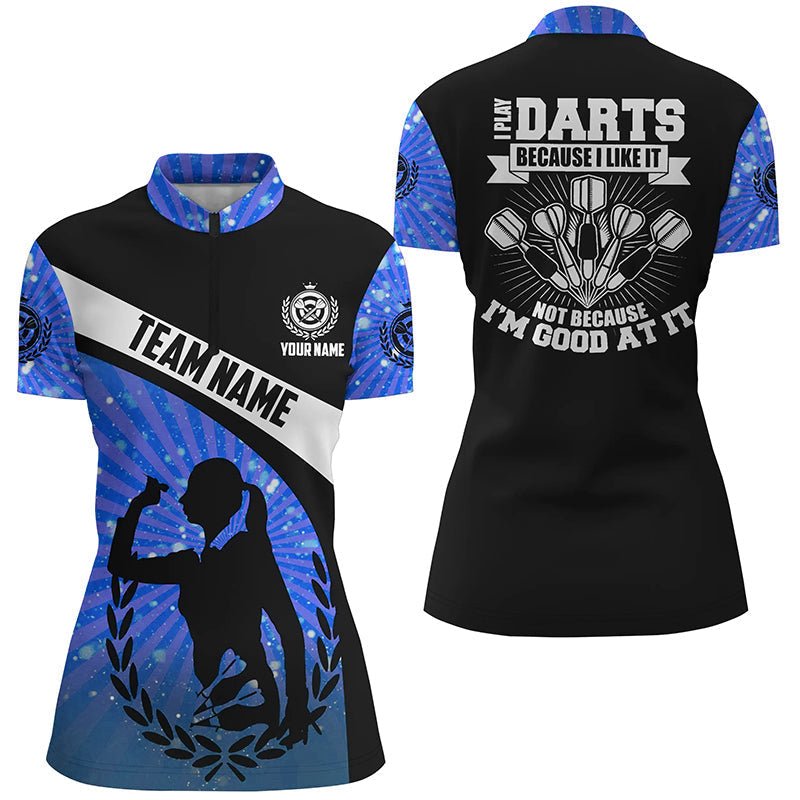 Blau gestreiftes Dart-Quarter-Zip-Shirt für Frauen, Darttrikots "I Play Darts Because I Like It" L541 - Outfitsuche