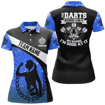 Blau gestreiftes Darts Polo Shirt für Frauen mit individuellem Dartmotiv - Ich spiele Darts, weil es mir gefällt R242 - Outfitsuche