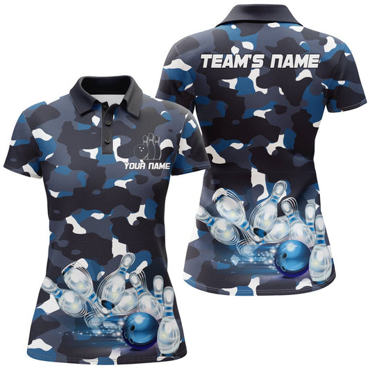Blaues Camo Bowling Damen Polo Shirt, individuell anpassbares Team Name Kurzarm Damen Bowling Trikot - Outfitsuche