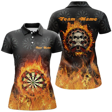 Coole Damen Dart Polo Shirts mit Feuerflammen und Totenkopf-Motiv, individuell anpassbares Dart-Shirt für Frauen, stylische Dart Trikots R262 - Outfitsuche