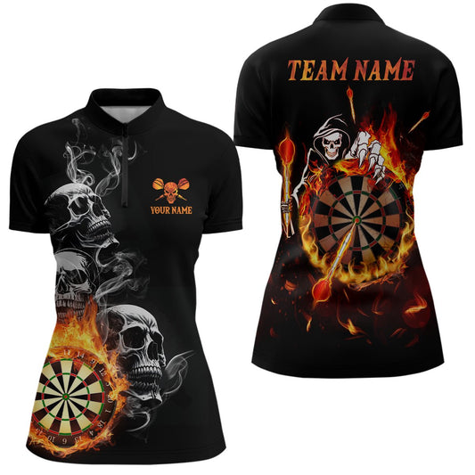 Damen-Quarter-Zip-Shirt mit Darts-Schädel-Flammen-Motiv, individuell anpassbares Feuer-Darts-Shirt für Frauen, Darts-Trikot Y368 - Outfitsuche