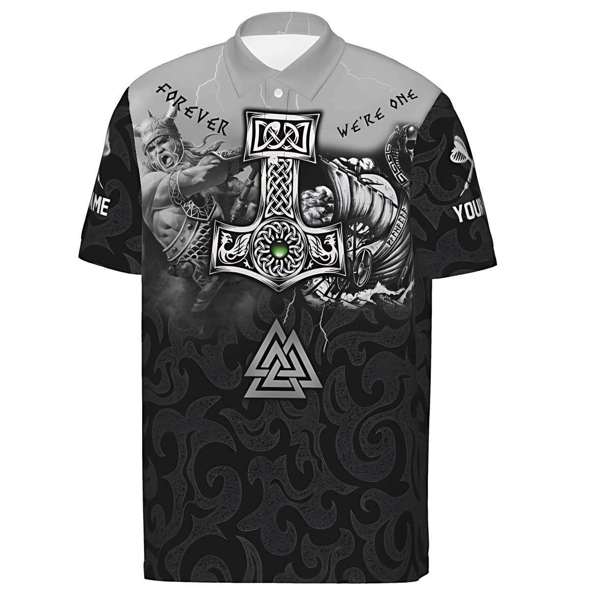 Grau-schwarzes Dart-Polo-Shirt "Wikinger-Einheit", individuell anpassbares Team-Trikot Nordic Myth Viking Rune motiv, Herren Dartshirt vk711 - Outfitsuche