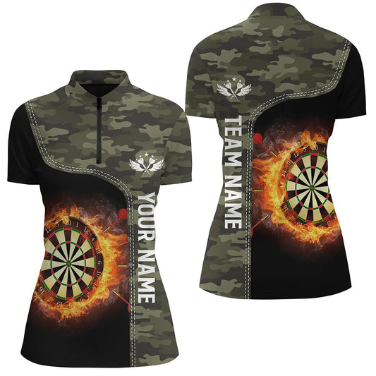 Grünes Camouflage-Flammen-Darts-Board-Quarter-Zip-Shirt, individuell anpassbares Darts-Shirt für Frauen, Dart-Trikot A774 - Outfitsuche