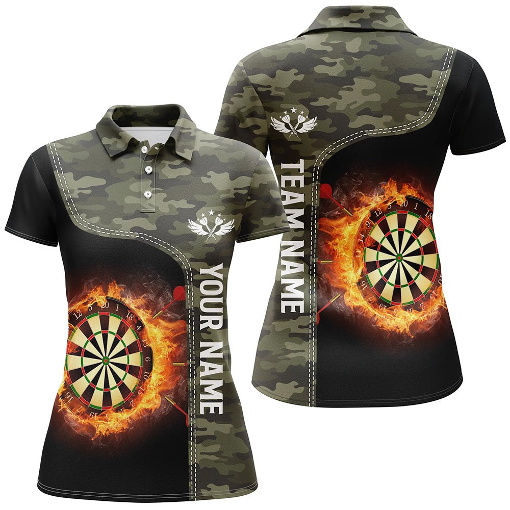 Grünes Tarnmuster Damen Polo Shirt mit Flammen Dartscheibe, individuell anpassbares Darts Shirt für Frauen Dart Trikot B707 - Outfitsuche