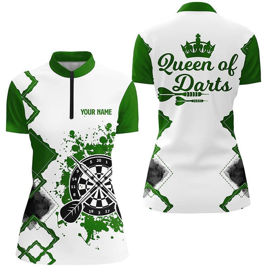 Grünes und weißes Darts-Quarter-Zip-Shirt für Damen, individuell anpassbares cooles Darts-Trikot "Queen of Darts" Y896 - Outfitsuche