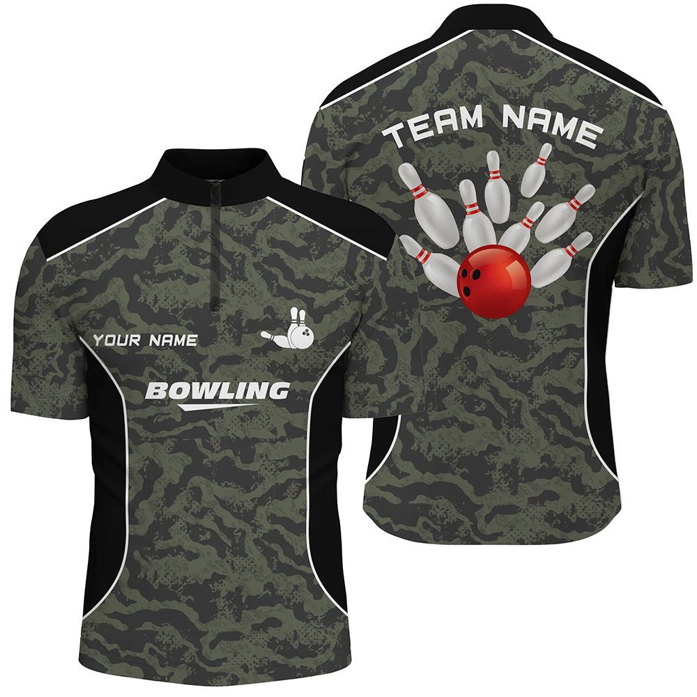 Herren Bowling 1/4 Zip Shirt mit individuell anpassbarer Bowlingkugel und Pins, Camo Bowling Team Trikot für Männer - Outfitsuche