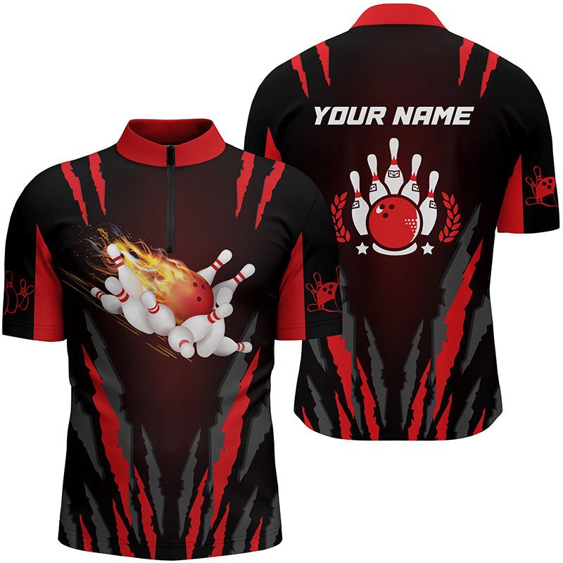 Herren Bowling-Shirt mit Viertelreißverschluss, individuell anpassbare Flammen Bowlingkugel und Pins, Bowling Trikots, Bowling Geschenke - Outfitsuche