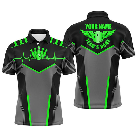 Individually customized men's bowling shirts with name and team name, featuring Bowling Ball and Pins design | Green - Outfitsuche