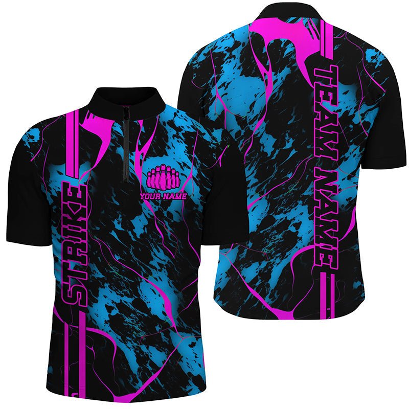 Individuell anpassbare blaue pinke Strike Bowling-Shirts für Herren, 1/4 Zip Camo Bowling-Team-Trikots, Bowling-Liga - Outfitsuche