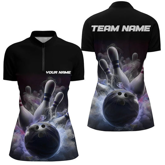 Individuell anpassbare Damen Bowling-Quarter-Zip-Shirts mit Rauchmotiv, Strike Bowling Team Trikots - Outfitsuche