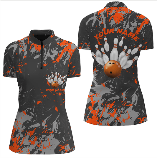 Individuell anpassbare Damen-Bowling-Team-Shirts mit Schwarz-Orange-Camo-Muster, 1/4 Zip Bowling-Liga-Shirts - Outfitsuche