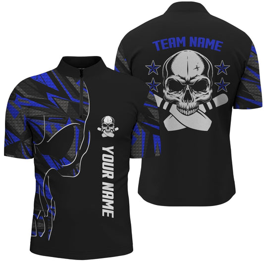 Individuell anpassbare Herren Bowling 1/4 Zip Shirts mit eigenem Namen und Teamnamen, Totenkopf Bowling Team, Bowling Shirts in Blau - Outfitsuche